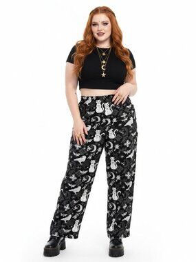 Whimsigoth Cat Celestial Wide Leg Lounge Pants | Celestial Moon Pockets XXS-6XL